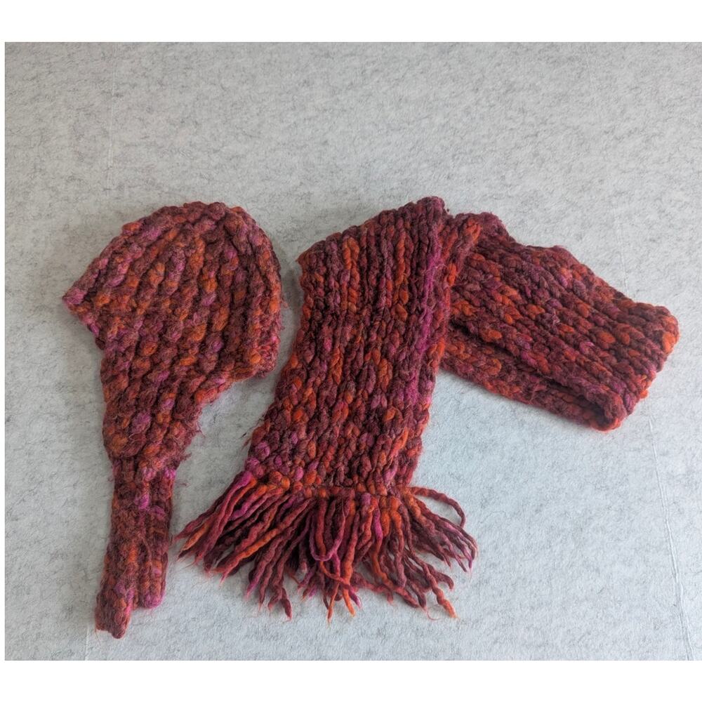 Scarf And Hat Set 55% Wool Red Pink Orange - Picture 2 of 4